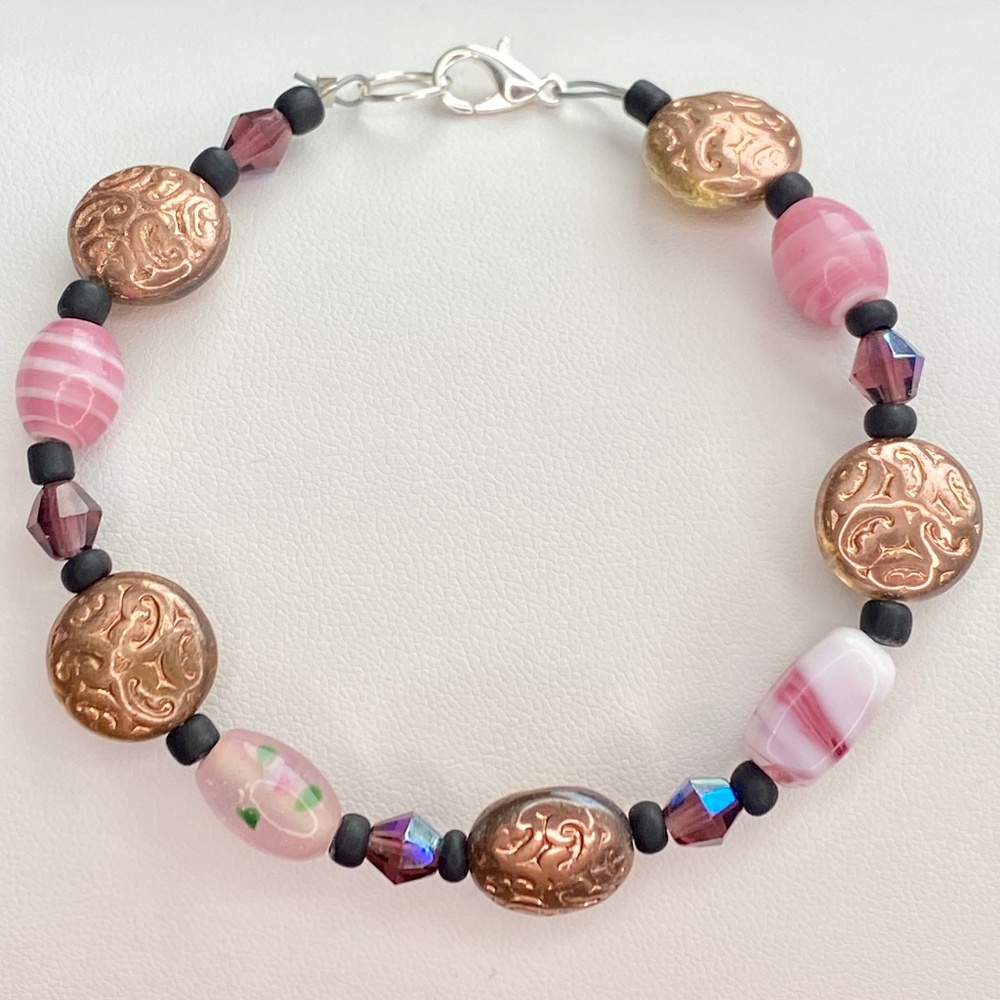 Copper Discs, Black and Pink Beaded Bracelet